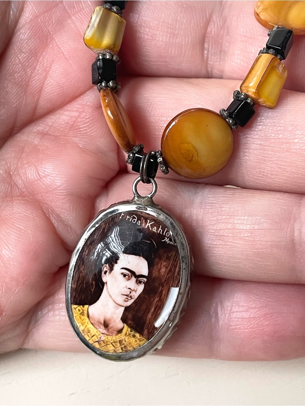 Vintage beaded Frida Kahlo portrait pendant necklace boho artsy wearable art